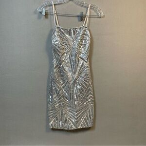 Lulus Womens XS Silver Sequin Mini Dress Y2K dance spring retro spaghetti strap